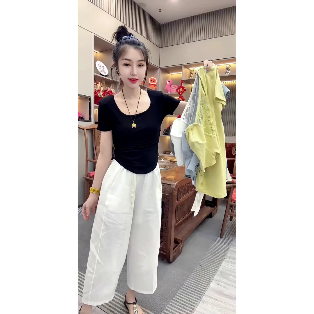 夏季新款时尚修身显瘦U领后背镂空蕾丝拼接短袖T恤