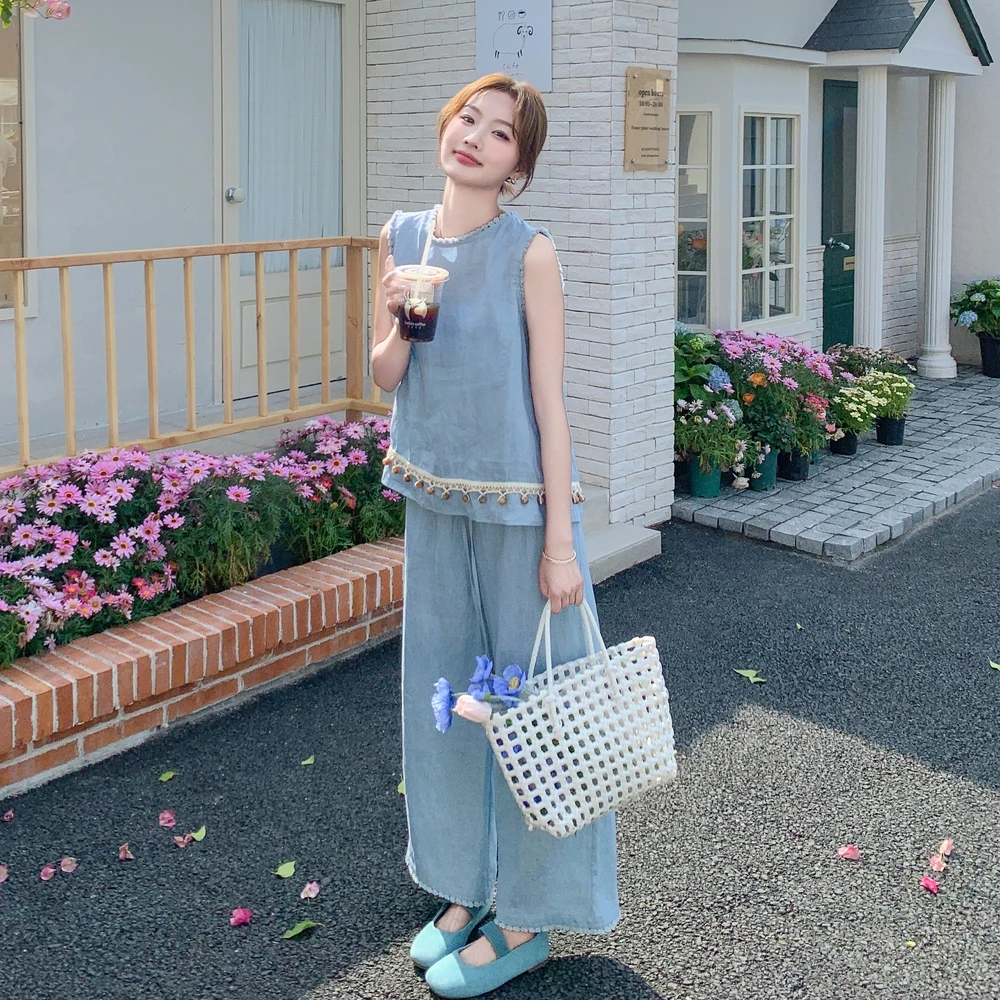 蓝色高级感无袖背心套装女2025夏季新款法式气质减龄阔腿裤两件套