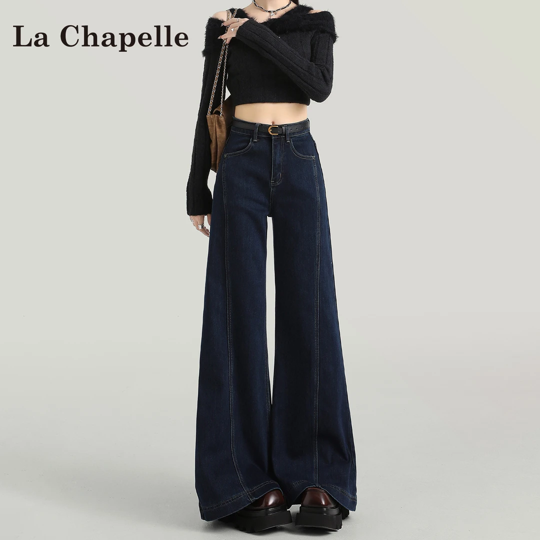 拉夏贝尔深蓝色复古阔腿牛仔裤女2025秋冬新款高腰宽松垂感拖地裤