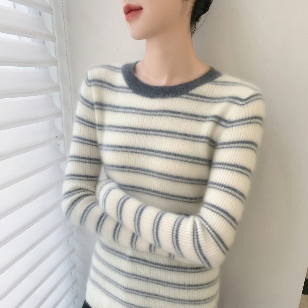 条纹圆领山羊绒衫女士抽条修身打底毛衣坑条百搭针织衫撞色显瘦秋