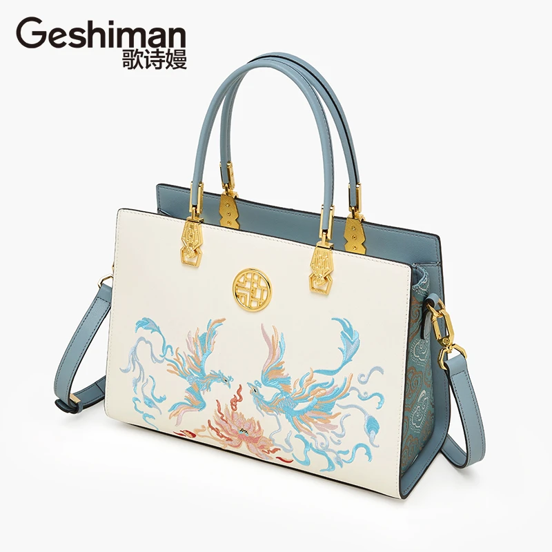 歌诗嫚品牌国风绣花双凤凰手提包质感刺绣气质百搭中式女士手拎包