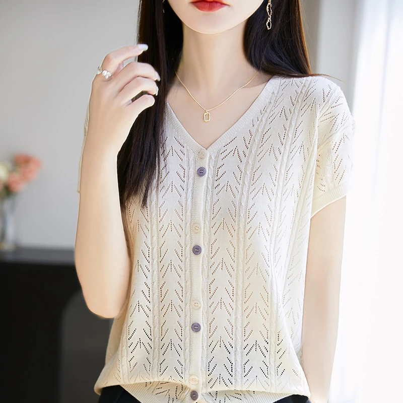 MZ【瑞莎专属】轻薄镂空撞色纽扣V领短袖针织开衫莱赛尔T恤NSY396