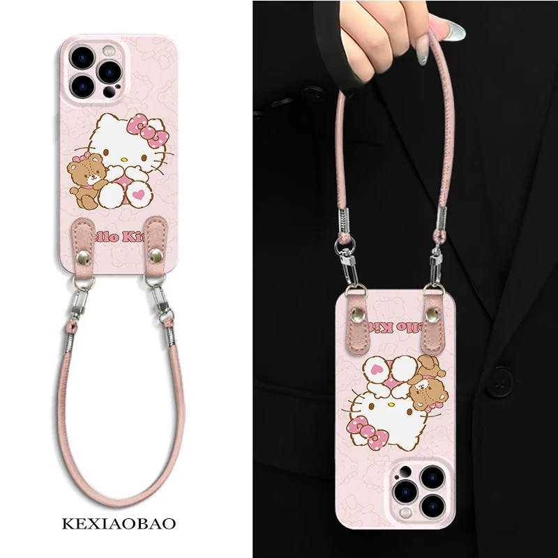 粉色KT猫玩偶适用苹果16proma可爱oppo华为vivo小米15p菲林手机壳