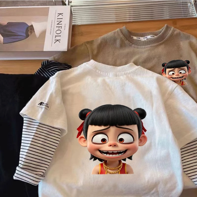 男女童纯棉卡通哪吒长袖T恤2025春秋新款儿童百搭假两件上衣打底