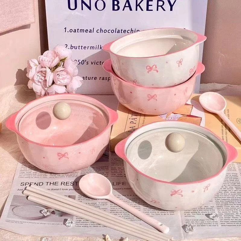 超仙新款泡面碗蝴蝶结高颜值陶瓷面碗耐高温高级带盖少女螺蛳Dcz