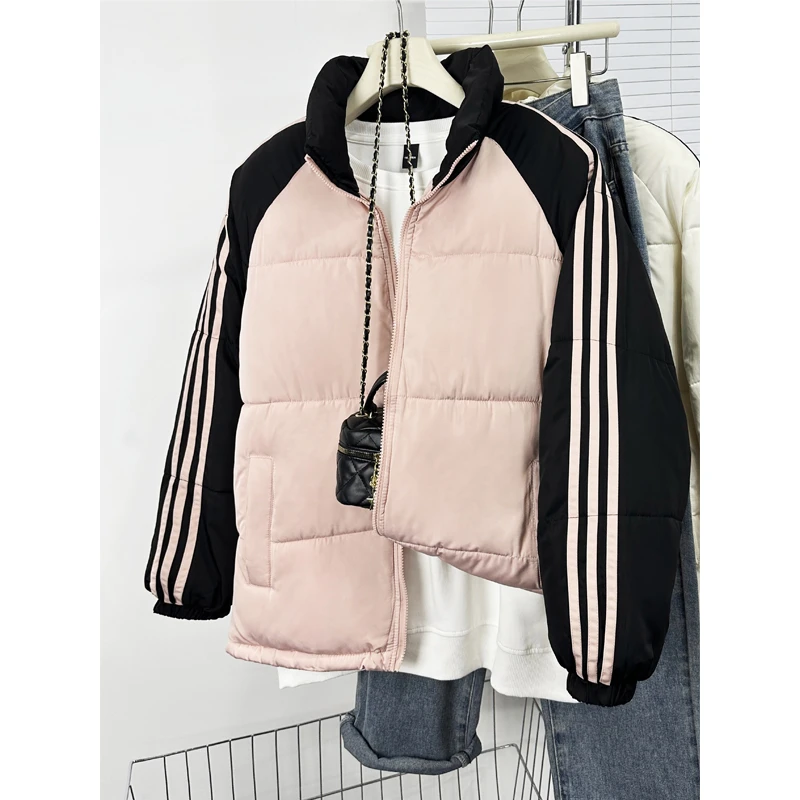 设计感拼色插肩三条杠棉服女2025冬季加厚保暖立领棉衣面包服外套