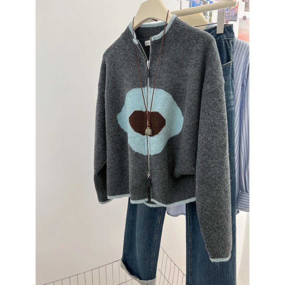 韩系灰色提花拉链开衫毛衣外套女秋冬外穿宽松软糯加厚针织衫上衣