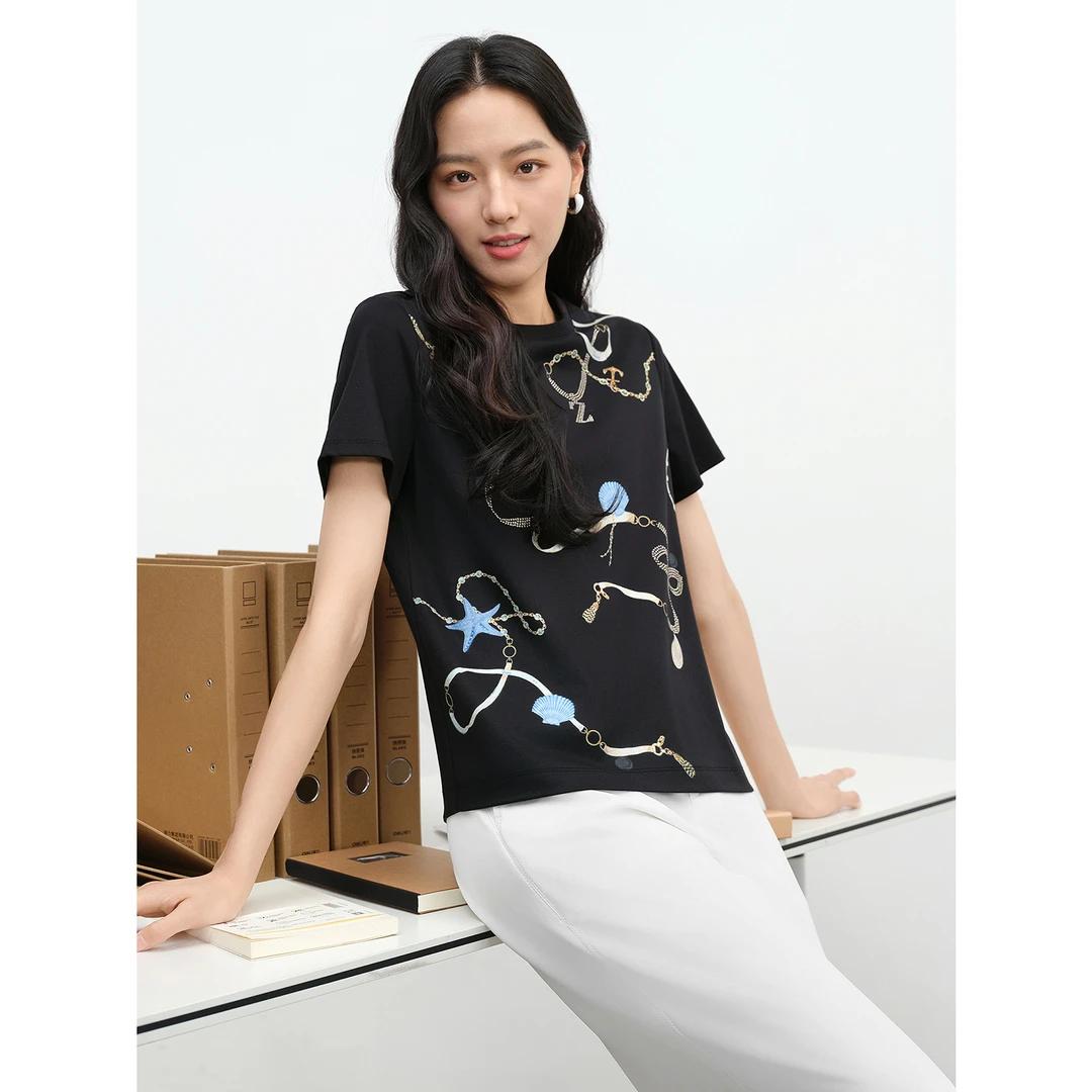 JUZUI玖姿JTFX83204休闲夏日海洋链条印花T恤女2025夏季新款