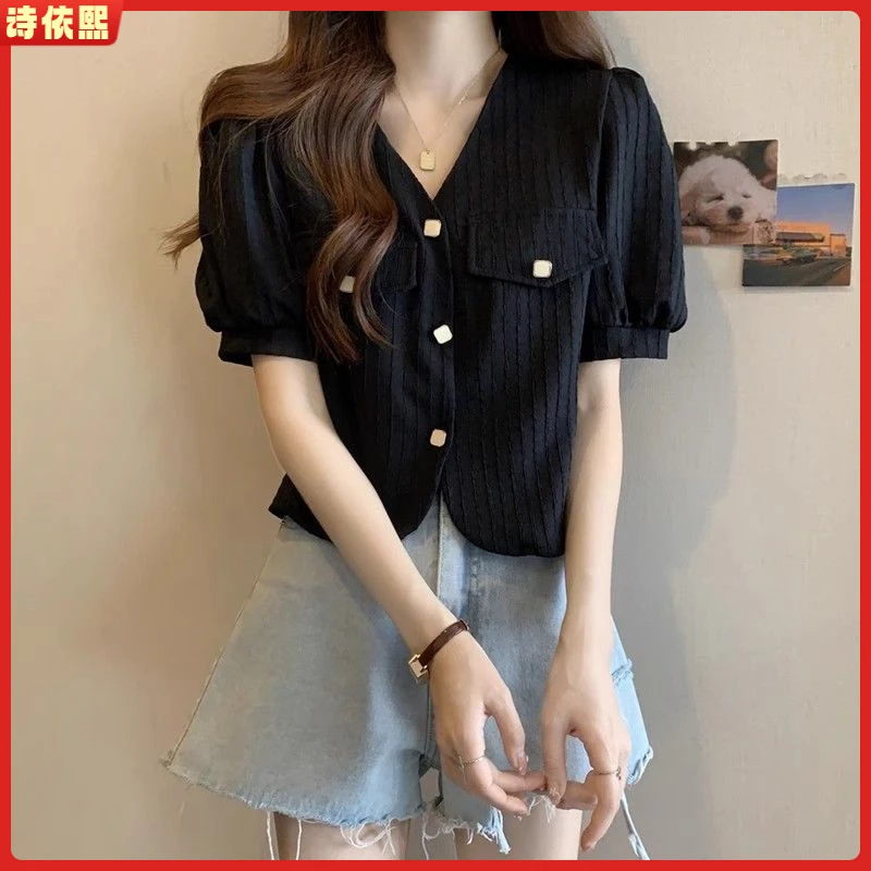 1小香风v领不规则短款上衣女夏季大码胖mm宽松显瘦法式泡泡短袖T