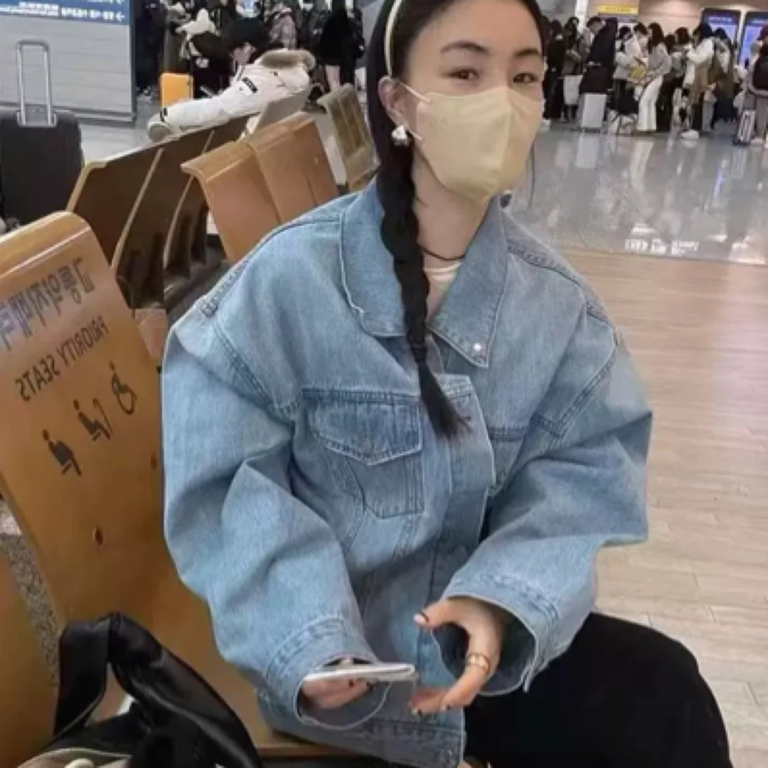 韩国东大门向日葵同款jshop25秋时髦浅蓝阔版松弛休闲牛仔外套
