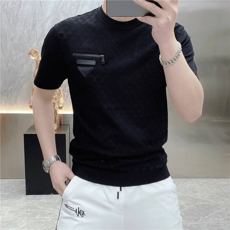 高级感男装短袖T恤ins痞帅时尚夏季半袖镂空修身白色针织轻奢百搭