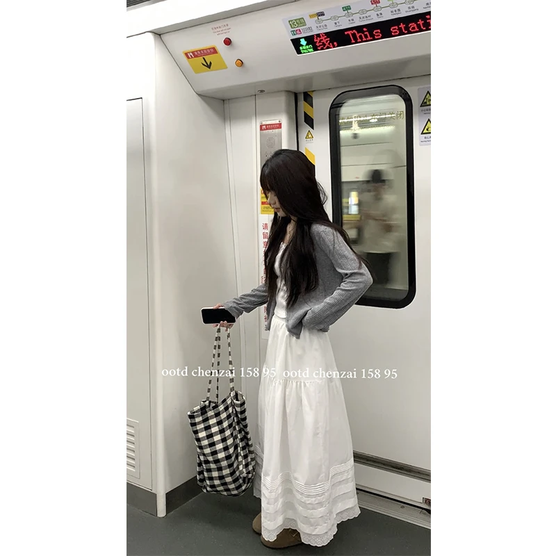 【陈仔】【白色半身裙】韩系白色蕾丝花边半身裙减龄松紧腰显瘦A字裙