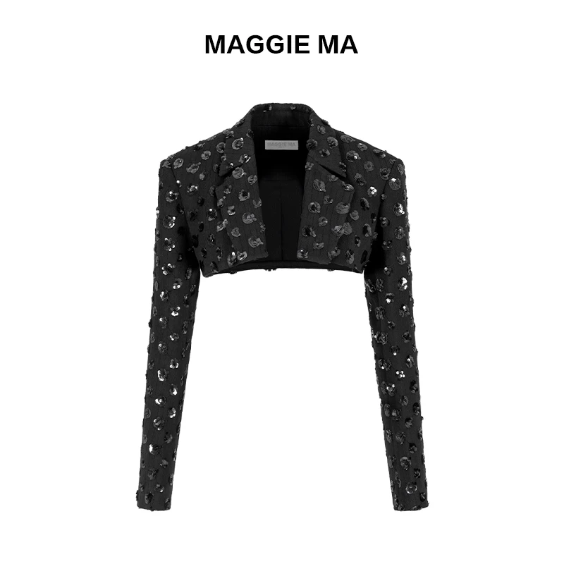 MAGGIE MA马婧设计师款黑色闪耀珠片简约通勤短款外套141C