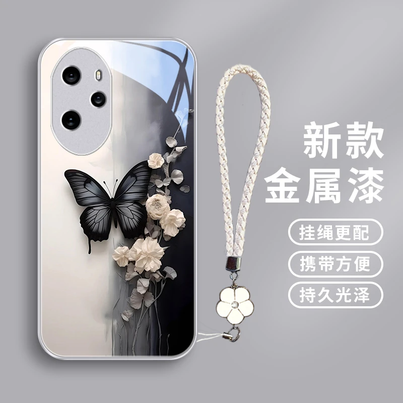 黑色蝴蝶适用华为荣耀100/100pro手机壳荣耀90/90pro/90GT女款玻