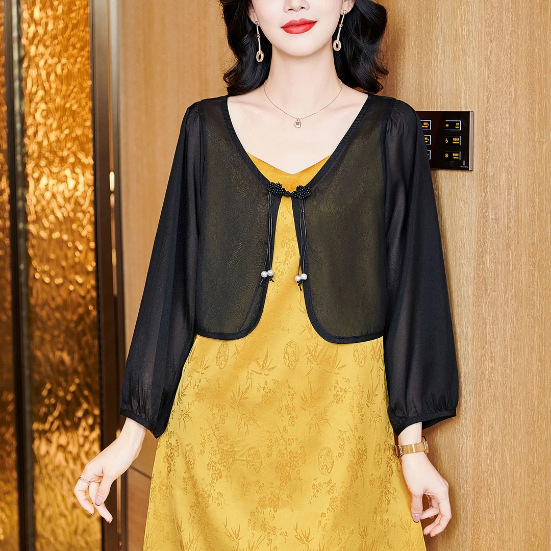 薄款盘扣长袖防晒衣女士夏季搭连衣裙小披肩短罩衫雪纺上衣短外套