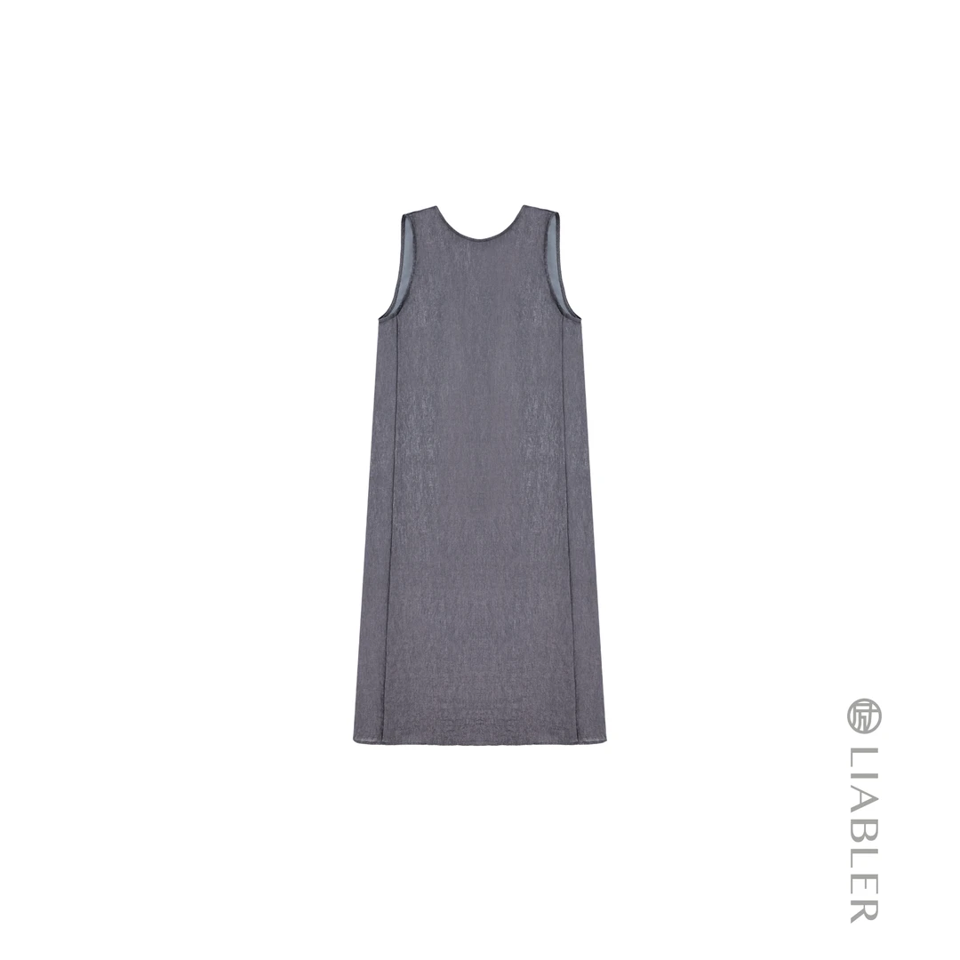 LIABLER C25春夏竖纹真丝混纺圆领无袖后压褶连衣裙 LSS251604D