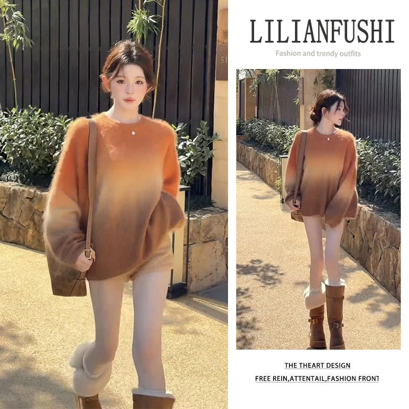 秋冬穿搭一整套2025新款韩版时尚宽松长袖针织衫显瘦短裤两件套女