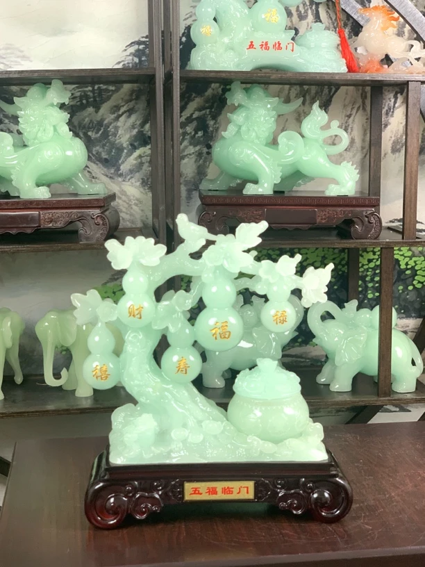 D高28淡玉色五福临门红底座摆件盖子可开客厅装饰纳福礼聚宝盆