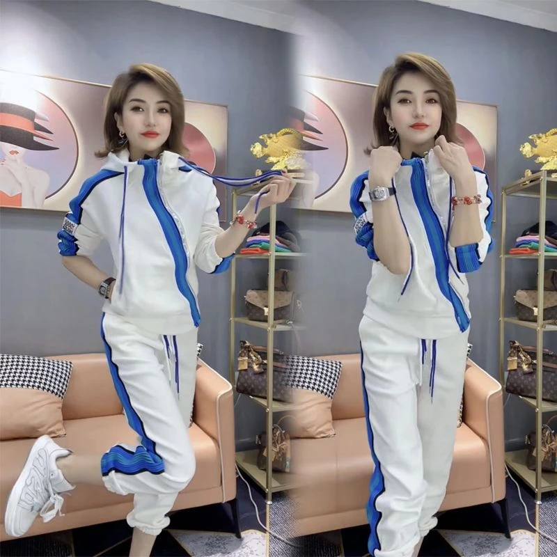 2025春秋新款韩版洋气运动套装女斜拉链时尚连帽卫衣束脚裤两件套