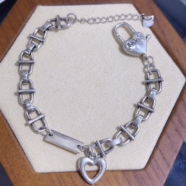 925银手链 F494老王自留ins重工桃心纯银手链