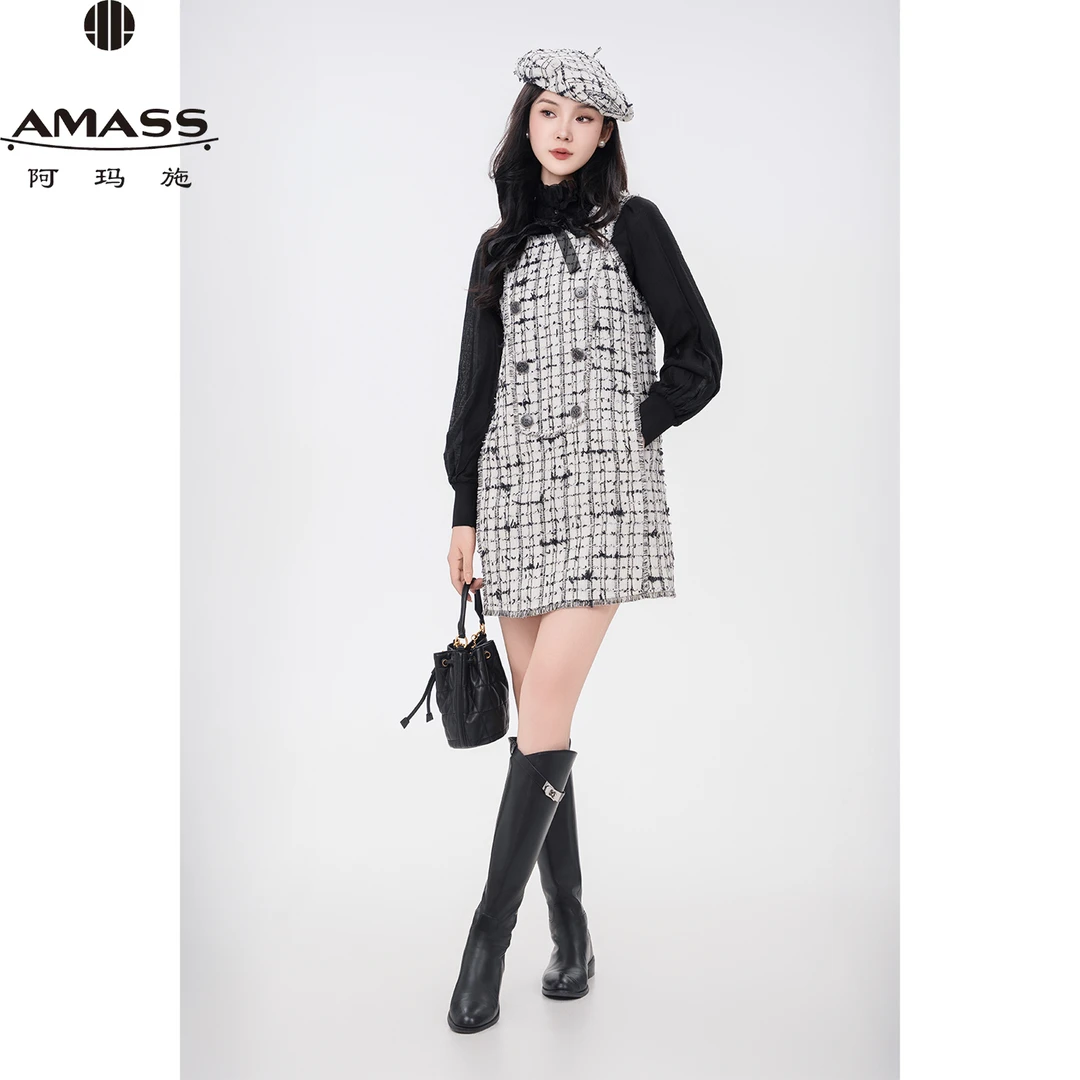 AMASS/阿玛施早春新款千金风时尚小香格纹宽松吊带连衣裙 5500565