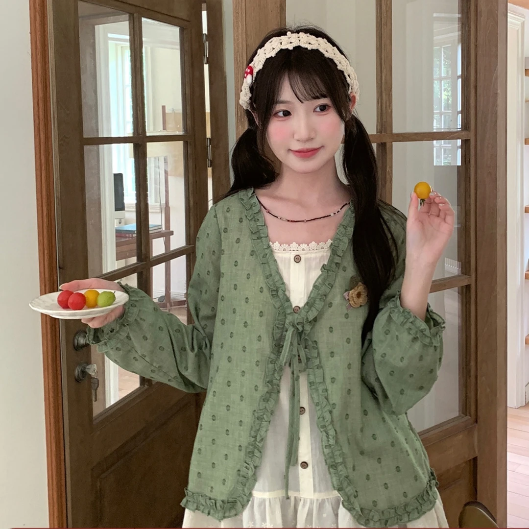 甜美风温柔假两件花边长袖薄款套头绿色波点外套2025上衣女秋