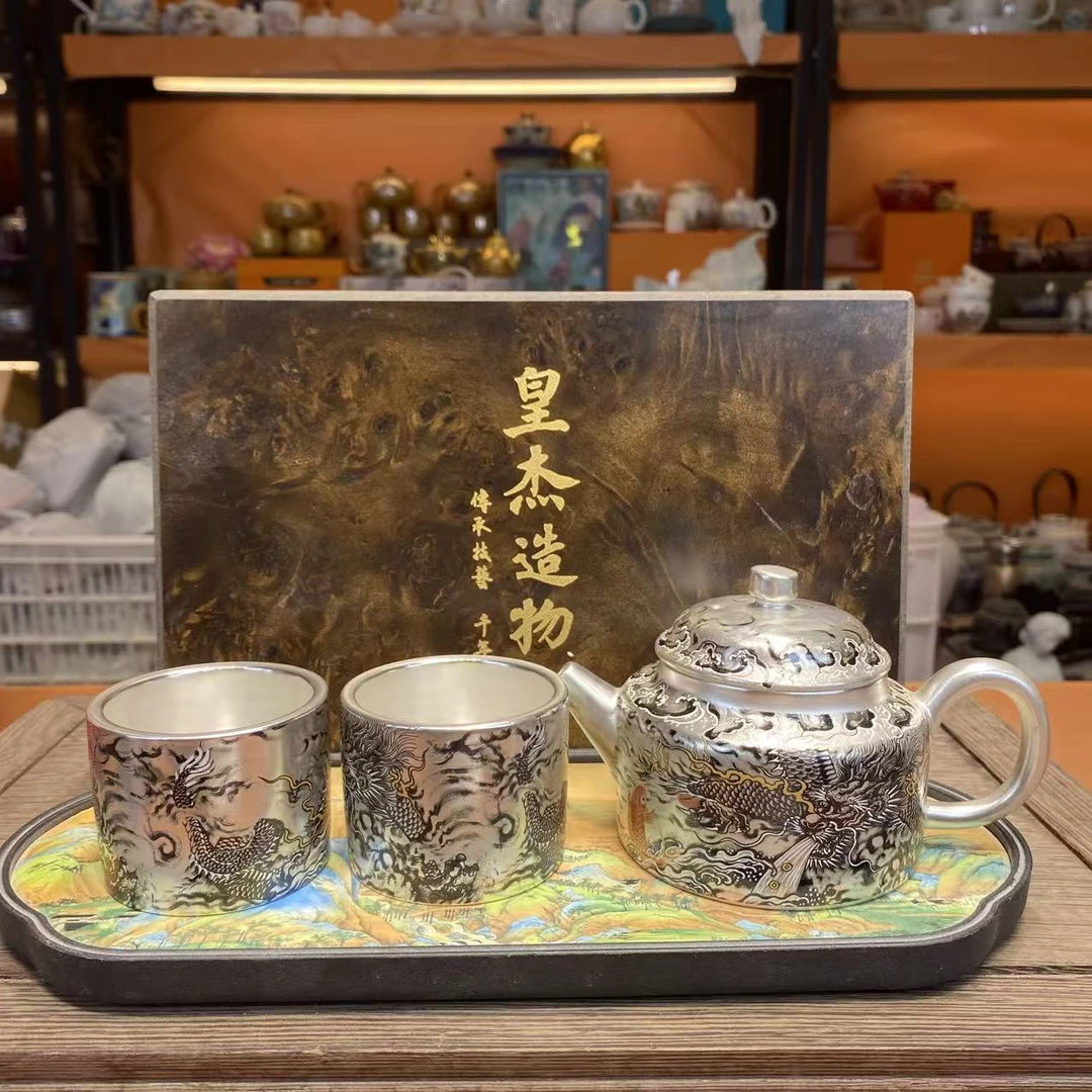 友名 瓷胎包银墨龙瓷胎包银汉瓦壶一壶两杯套装送礼功夫茶具-3227
