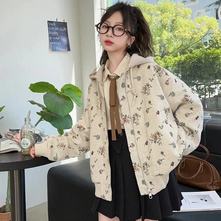 女童刺绣连帽外套2025新款碎花森系宽松休闲春秋外套中大童女孩