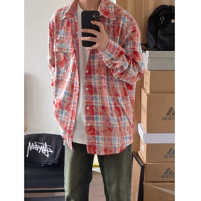 美式复古扎染刺绣撞色格子口袋长袖衬衫男女宽松休闲潮流开衫外套