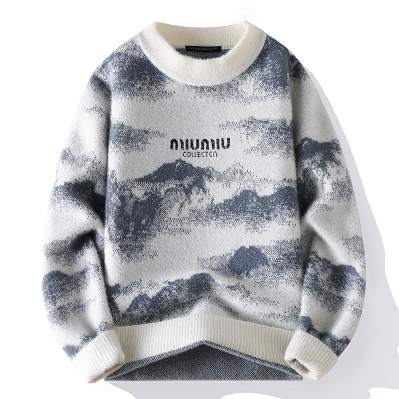 2025秋冬季圆领防貂毛衣男士潮流宽松印花舒适保暖针织衫Y056