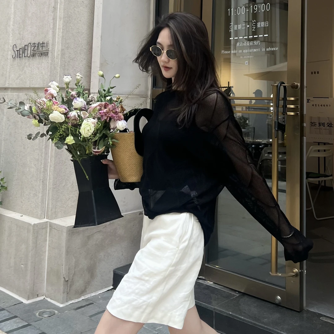 ERZ墨小墨|菱形格镂空时尚宽松透气防晒罩衫针织衫女慵懒风 50672