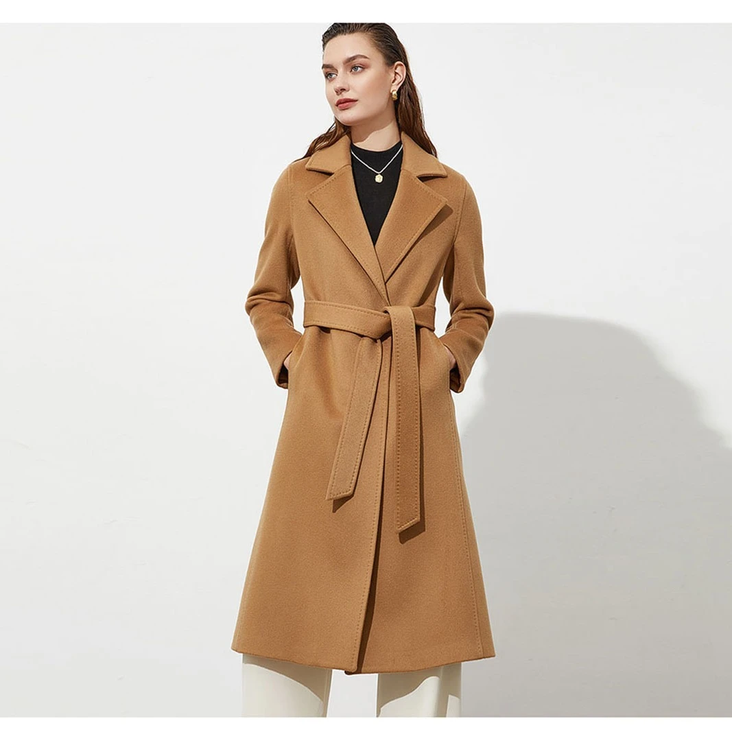 2025年秋冬高级长款过膝羊绒大衣合身毛呢外套系带女装羊毛超厚