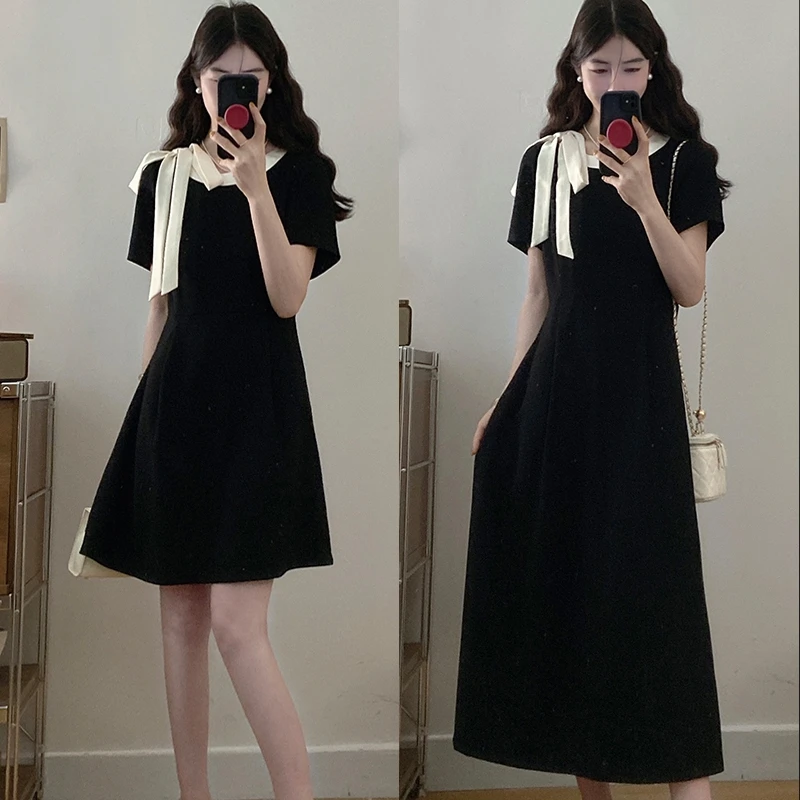 MZ046专享大码2025夏季新款裙子时尚优雅小黑裙收腰长短款连衣裙