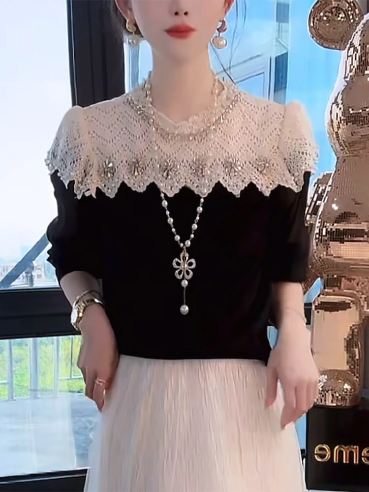 镂空针织衫女早秋高级感重工显瘦时尚减龄洋气内搭拼接打底衫上衣