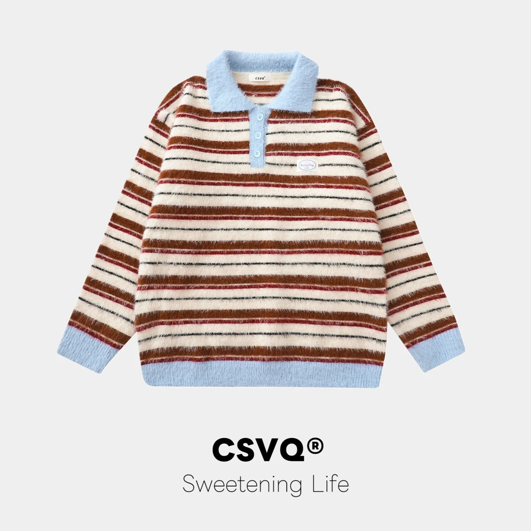 【慕斯奶咖】撞色POLO领条纹毛衣仿水貂毛软糯秋冬宽松洋气针织上衣