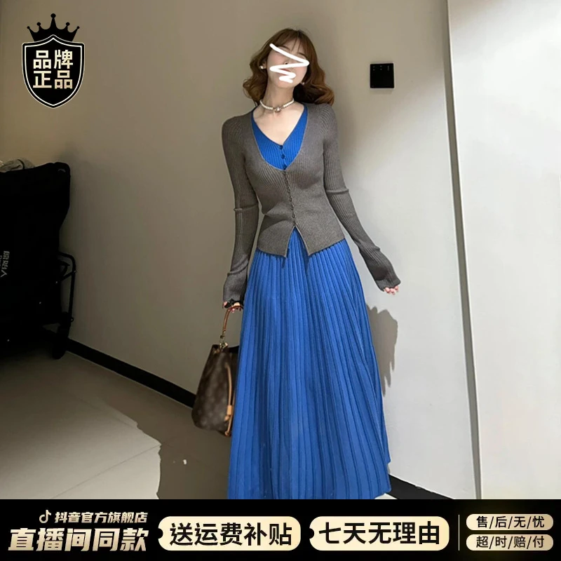 开春气质穿搭一整套假两件蓝色连衣裙子女2025新爆款春季套装长裙