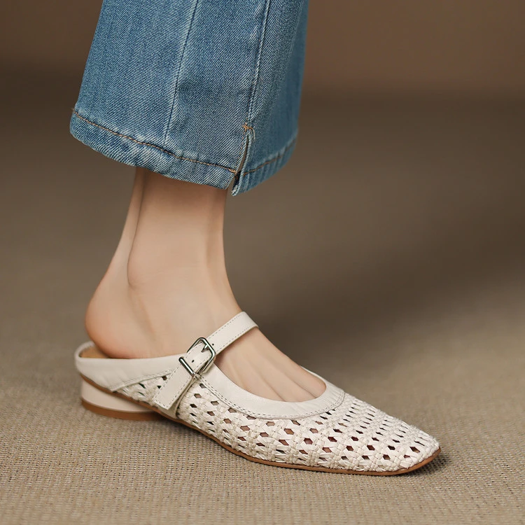 法式编织方头一脚蹬包头凉拖鞋女2025新款夏季粗跟通勤镂空穆勒鞋