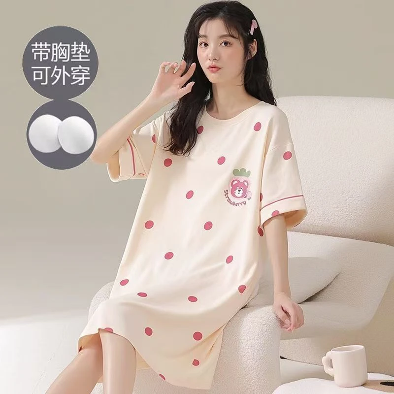 新款睡裙女带胸垫夏季可外穿薄款短袖睡衣女休闲大码一体式家居服