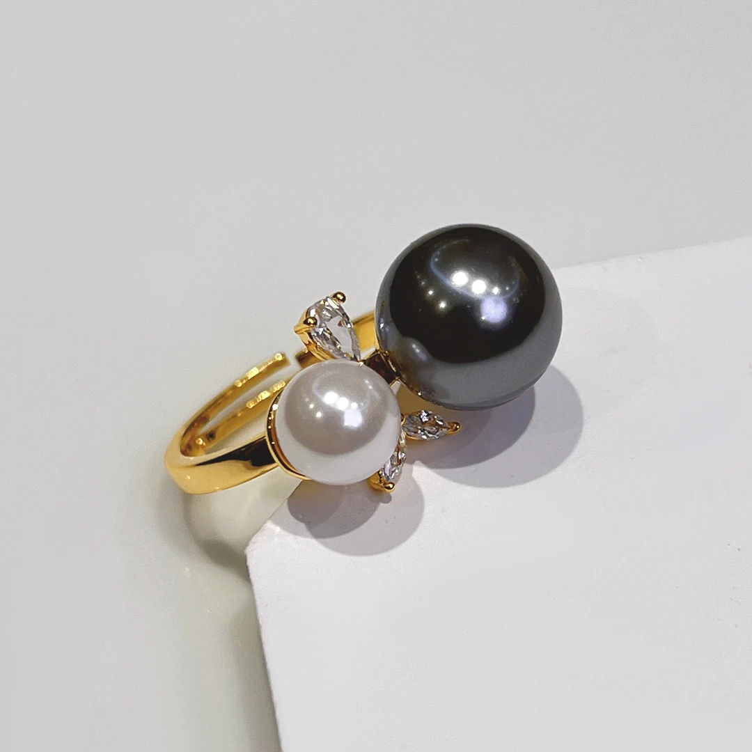 铜合金仿珍珠戒指 8-12mm黑白双珠气质百搭戒指开口可调节 F1-036