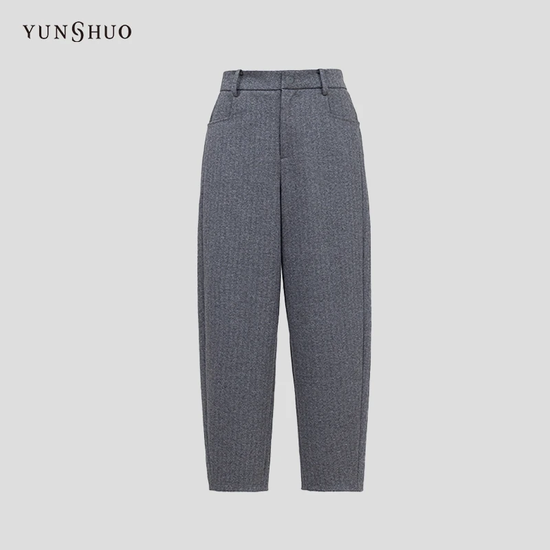 YUNSHUO高腰显瘦哈伦裤宽松人字纹毛呢休闲裤子198010
