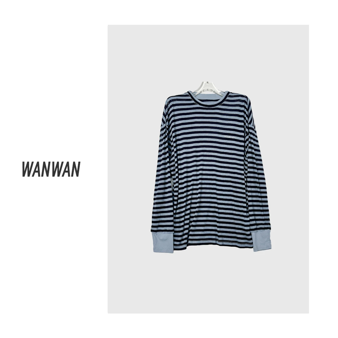 WANWAN【10羊毛】针织条纹长袖T恤内搭圆领打底衫