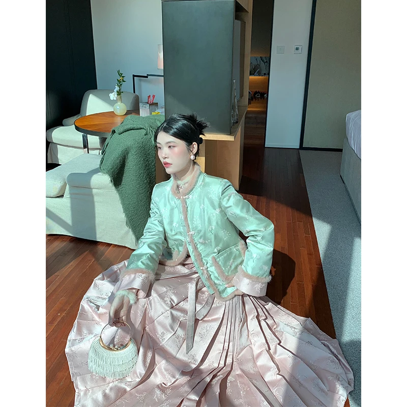 新中式毛毛压边盘扣冬款加厚外套内里充绒38542少女少女