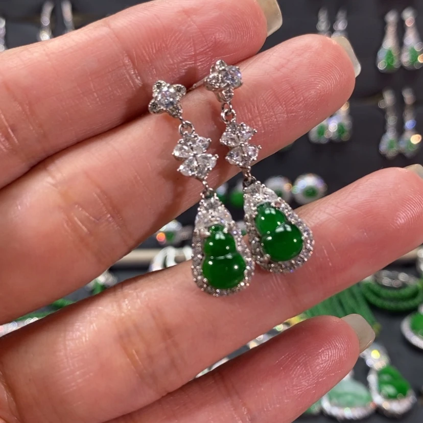 【闪购商品】翡翠耳饰银S925镀金镶嵌