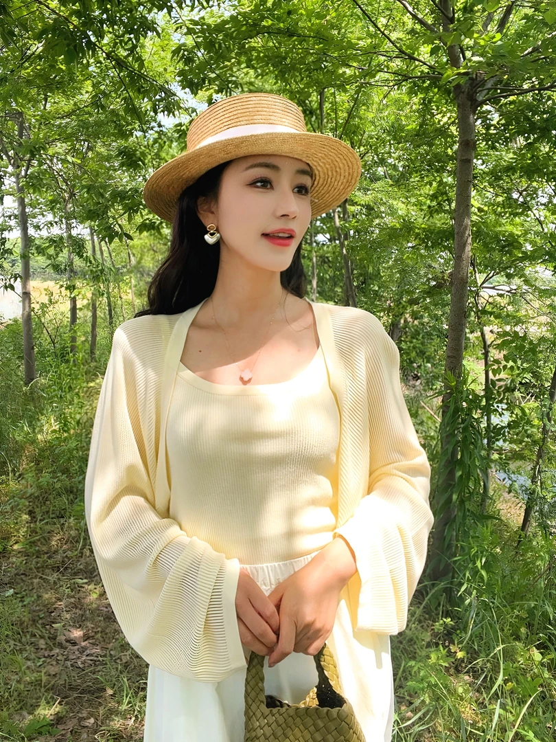 简约风设计感防晒上衣背心两件套 莱赛尔蝙蝠袖开衫吊带针织套装