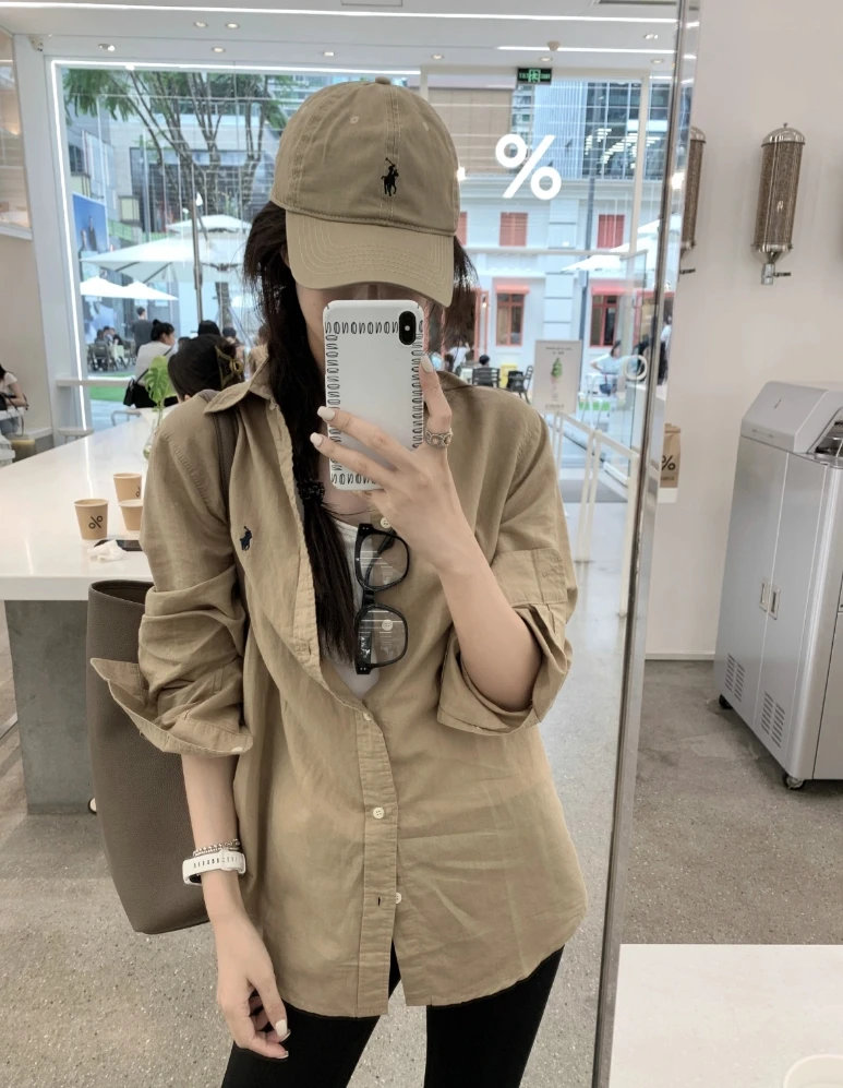 美拉德穿搭柔软水洗全棉刺绣宽松衬衫女百搭RL衬衫外穿女ins风