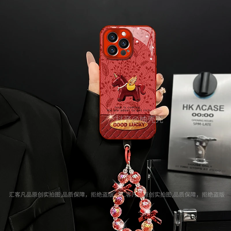 适用【苹果/oppo/华为/vivo/小米】电镀玻璃好运小马创意网红手机壳