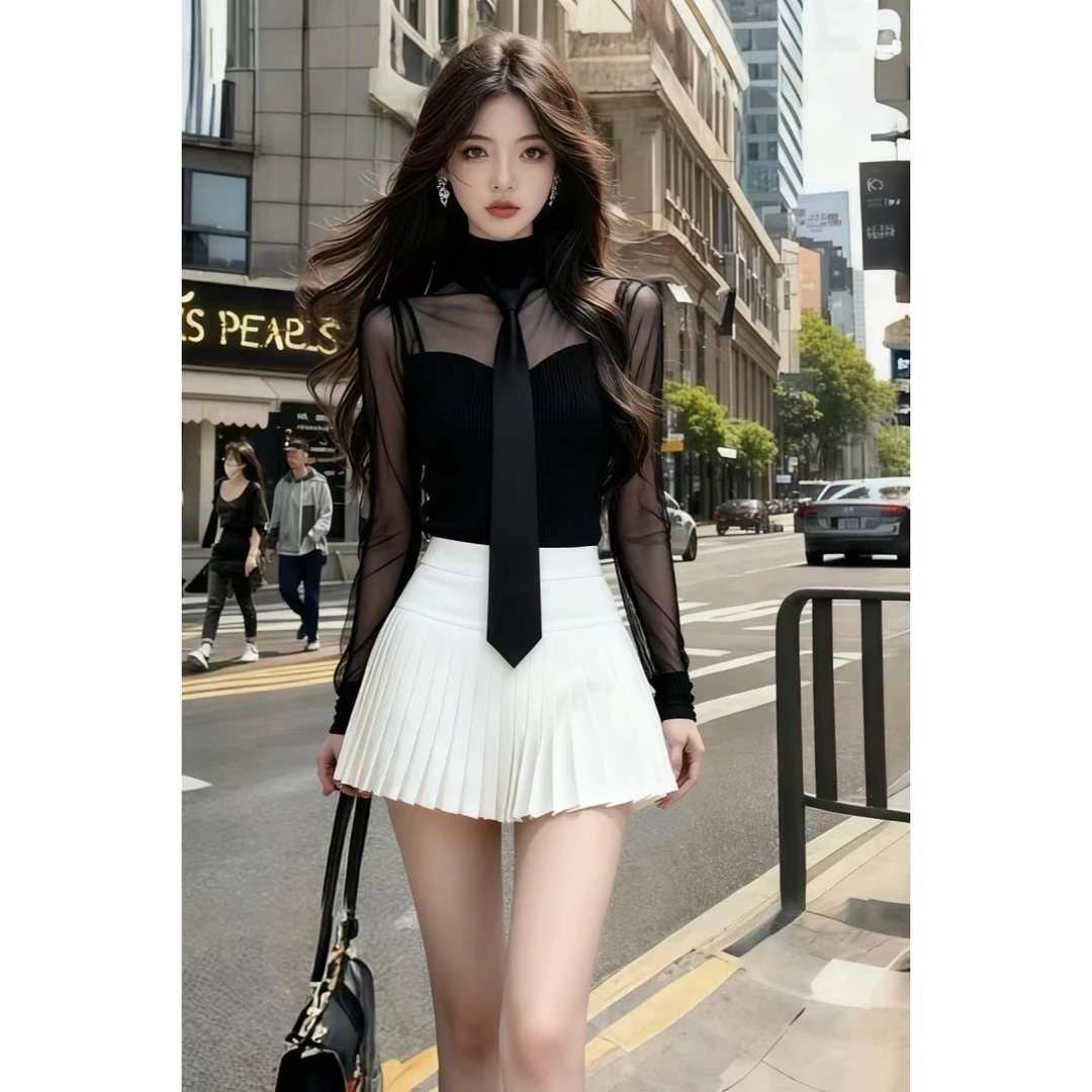 轻奢新款高级感名媛御姐风黑色高领网纱拼接微透长袖百褶连衣裙女