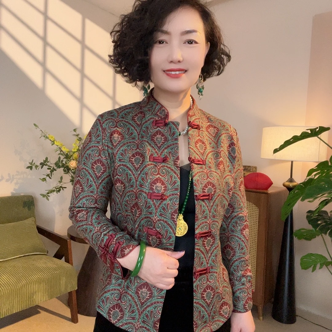 【春暖花开】2025年新款加绒立领开衫气质妈妈装长袖衫印花秋冬