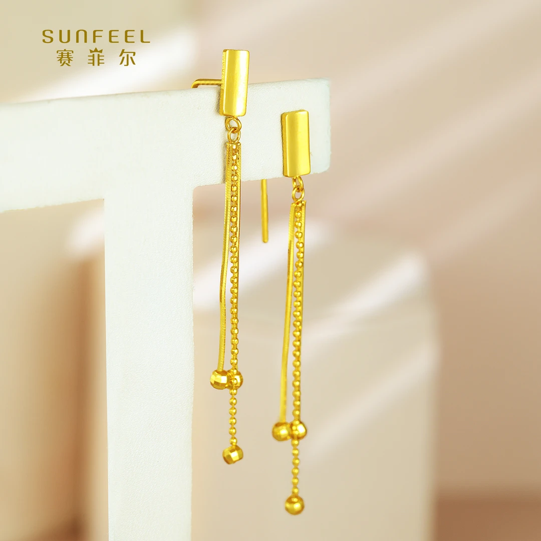 SUNFEEL/赛菲尔【优选店】足金5G艺术光面方形流苏耳钉5GE00706