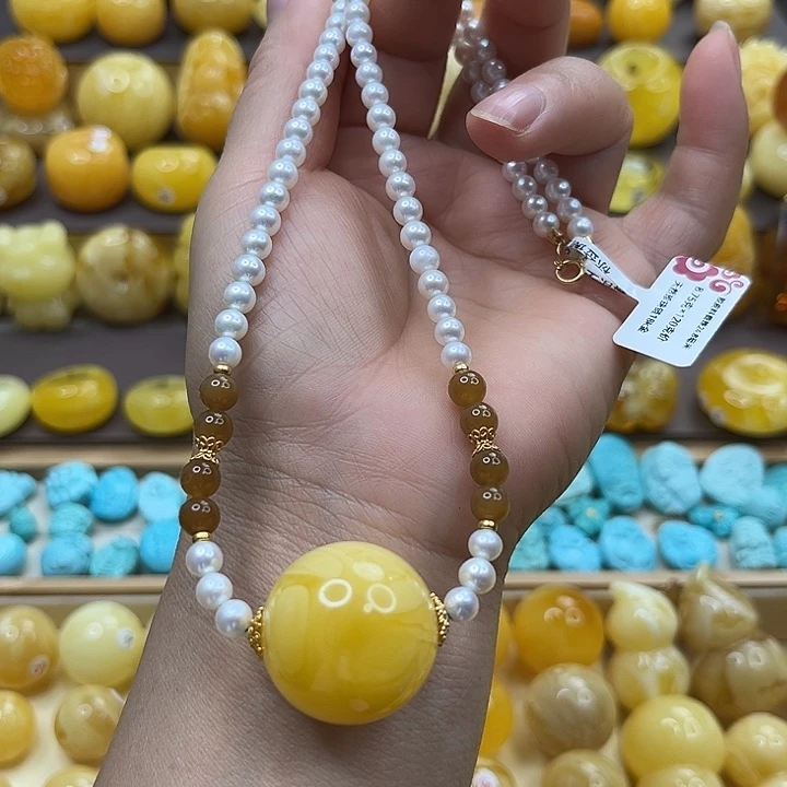 蜜蜡18K金镶嵌套链圆珠锁骨链
